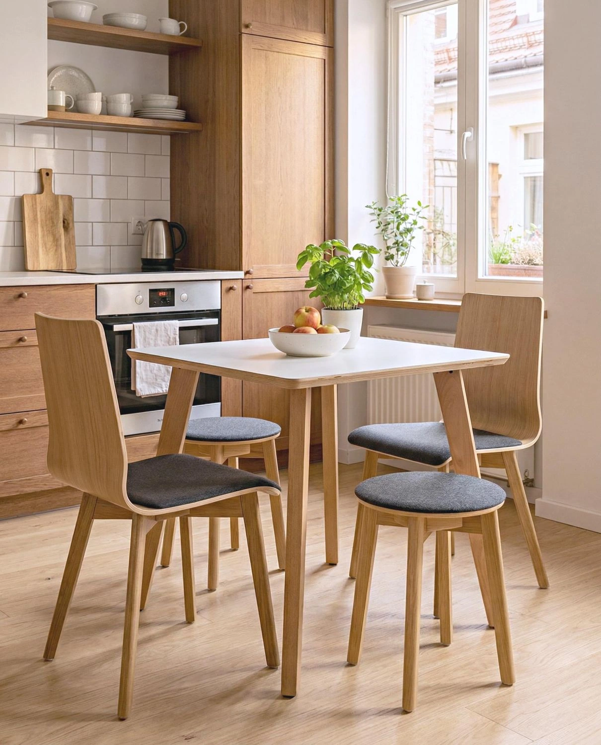 Dining square beech white 80 - stół kwadratowy 80 cm z bukowymi nogami - Stół Laminowany Kwadratowy Bukowe Nogi Biały Blat | RetroCegła